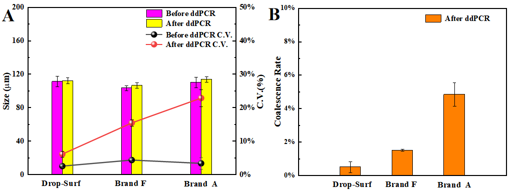 Figure 3 Monodispersity of droplets before and after ddPCR (A) and the coalescence rate of droplets (B) after ddPCR 