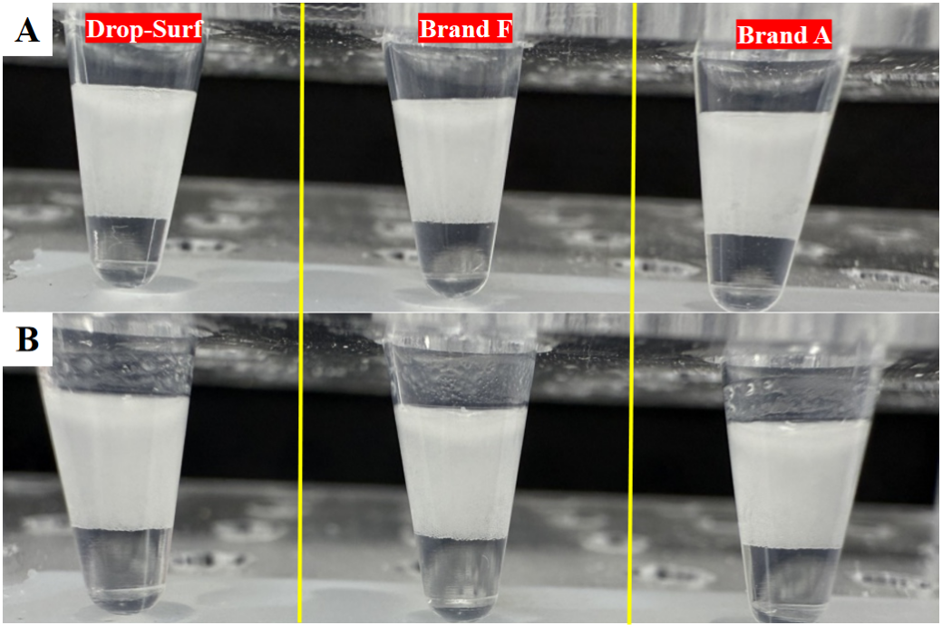 Figure 4 Comparison of droplet stability before (A) and after (B) RT